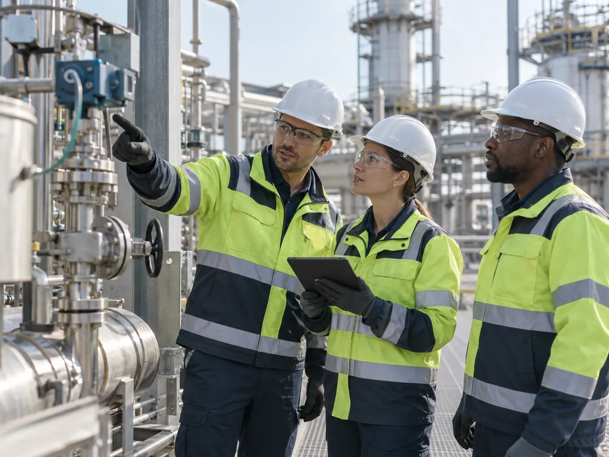Industrial engineers inspecting process equipment